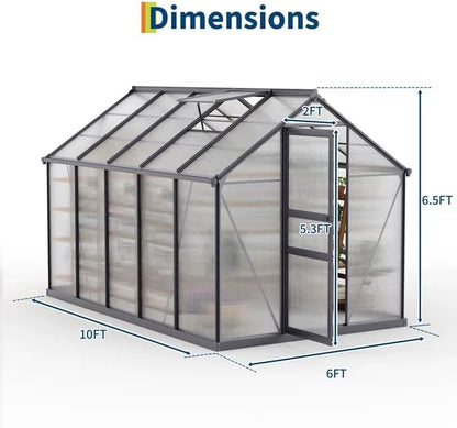 6×10FT Polycarbonate Greenhouse for Outdoors, Large Walk in Green House Kit and Winter Garden Planting, Enhanced Aluminum Green Houses for Outside to Protect Vegetables or Plants