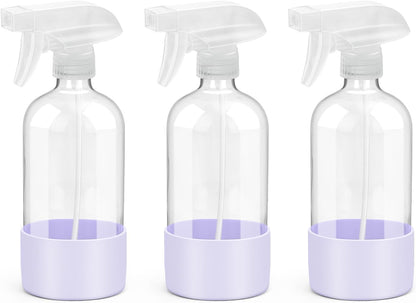 Glass Spray Bottles with Silicone Sleeve Protection, Empty 16 oz Refillable Containers, Reusable Spray Bottles with Adjustable Nozzle for Hair, Cleaning Solutions, 3 Pack Purple