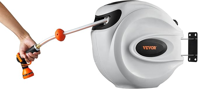 VEVOR Retractable Hose Reel, 130 ft x 1/2 inch, Garden Water Hose Reel with 9-Pattern Nozzle, 180° Swivel Bracket Wall-Mounted, Automatic Rewind, Lock at Any Length, with Slow Return System