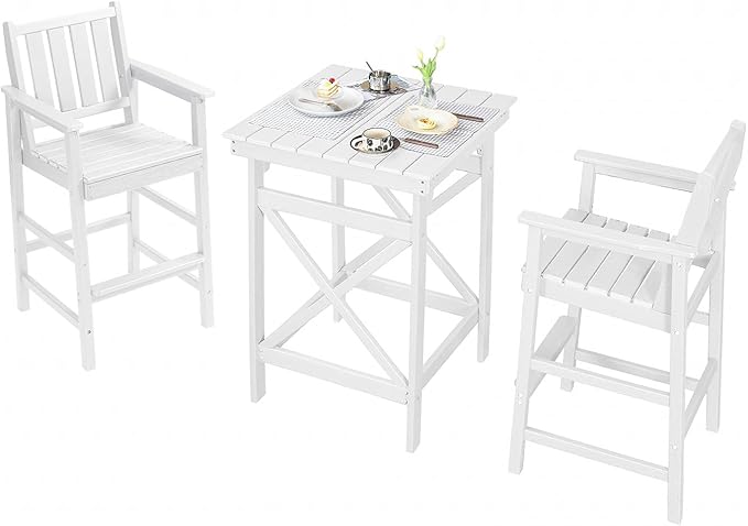 QUASCO 3-Piece Outdoor Adirondack Chairs and Table Sets, HDPE Adirondack Bar Height Chairs Set of 2 and Bar Table, All Weather Outdoor Bar Stools Set for Bistro, Balcony, Poolside, White