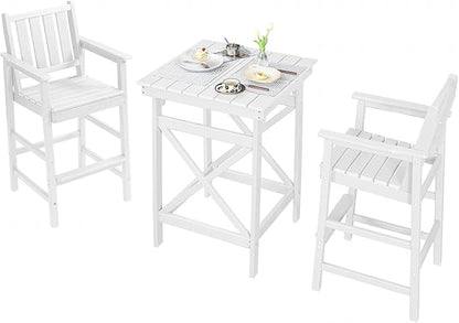 QUASCO 3-Piece Outdoor Adirondack Chairs and Table Sets, HDPE Adirondack Bar Height Chairs Set of 2 and Bar Table, All Weather Outdoor Bar Stools Set for Bistro, Balcony, Poolside, White