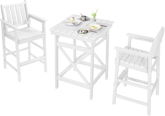 QUASCO 3-Piece Outdoor Adirondack Chairs and Table Sets, HDPE Adirondack Bar Height Chairs Set of 2 and Bar Table, All Weather Outdoor Bar Stools Set for Bistro, Balcony, Poolside, White