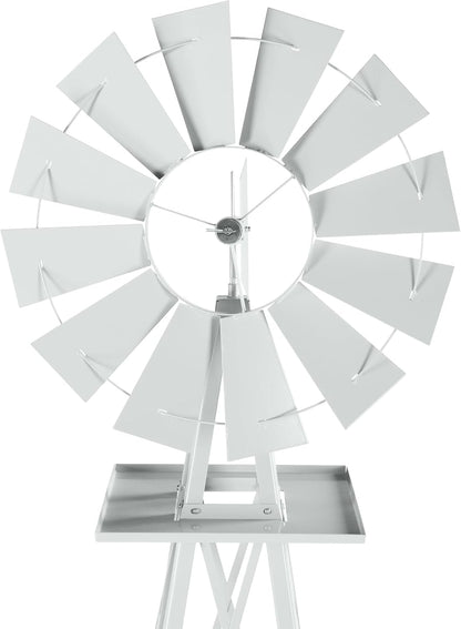 8FT Windmill for Yard Garden Decoration with Weather Vanes，Heavy Duty Outdoor Wind Mills, Large Metal Outdoor Windmill,Weather Resistant,White