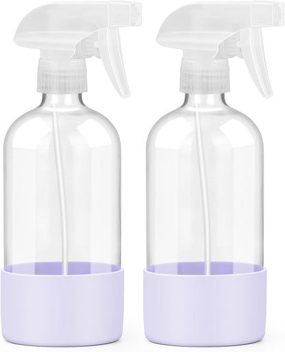 2 Pack Glass Spray Bottles with Silicone Sleeve, 16 oz Empty Refillable Containers with Adjustable Spray Nozzles, Spray Bottles for Hair, Cleaning Solutions and Plants Purple