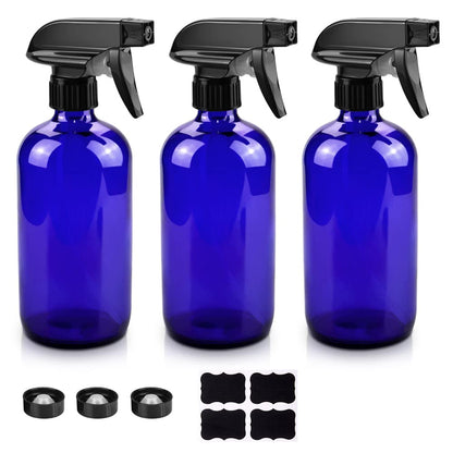 Glass Spray Bottles, 16oz Blue Glass Spray Bottles with Labels & Adjustable Nozzle, Reusable Containers for Cleaning, BBQ, Food, Plants, Alcohol, Essential Oils(3 Pack)