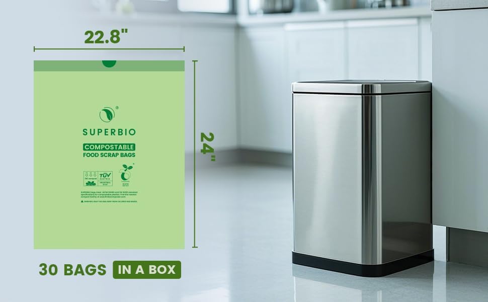 SUPERBIO 8 Gallon Compostable Drawstring Kitchen Waste Bags,30.3 Liter, 30 Count, 1 Mil,Heavy Duty Food Waste Bags, BPI, Seedling and OK compost INDUSTRIAL