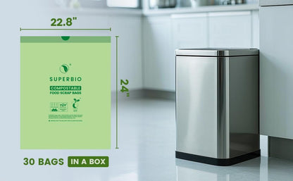 SUPERBIO 8 Gallon Compostable Drawstring Kitchen Waste Bags,30.3 Liter, 30 Count, 1 Mil,Heavy Duty Food Waste Bags, BPI, Seedling and OK compost INDUSTRIAL