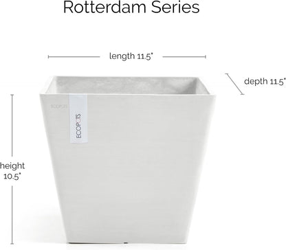 Ecopots Rotterdam Durable Modern Square Indoor/Outdoor Recycled-Based Composite Flower Planter, Pure White, 12"
