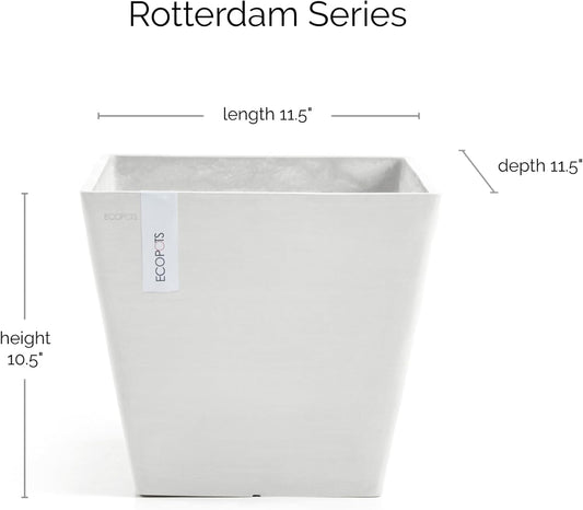 Ecopots Rotterdam Durable Modern Square Indoor/Outdoor Recycled-Based Composite Flower Planter, Pure White, 12"