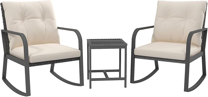 Bistro 3 Piece Patio Furniture Set, Patio Table and Rattan Outdoor Rocking Chairs Set of 2, Outdoor Bistro Conversation Set for, Garden, Balcony, Poolside, Backyard, Beige