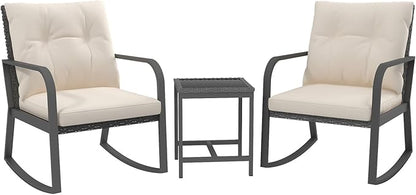 Bistro 3 Piece Patio Furniture Set, Patio Table and Rattan Outdoor Rocking Chairs Set of 2, Outdoor Bistro Conversation Set for, Garden, Balcony, Poolside, Backyard, Beige