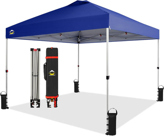CROWN SHADES 10x10 Pop Up Canopy - Beach Tent with One Push Setup - Easy Outdoor Sun Shade for Events, Parties, Camping - Gazebo with STO-N-Go Cover Bag, Silver Coated Top, Navy Blue