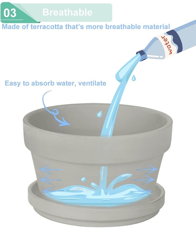 vensovo 3.7 Inch Grey Terracotta Shallow Succulent Pots - 6 Pack Terra Cotta Clay Pot with Saucer, Cacuts Indoor and Outdoor Planters with Drainage Hole