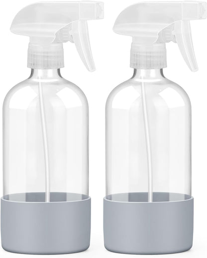 2 Pack Glass Spray Bottles with Silicone Sleeve, 16 oz Empty Refillable Containers with Adjustable Spray Nozzles, Spray Bottles for Hair, Cleaning Solutions and Plants
