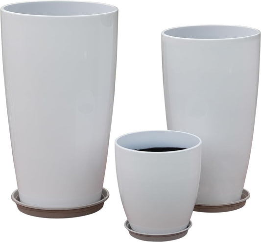 24,21,11 Inch Large Plastic Planters with Drainage Hole and Saucer - Set of 3 Tall Plant Pots Indoor Flower Pot Tall Round Planters Outdoor Large Tall Planter