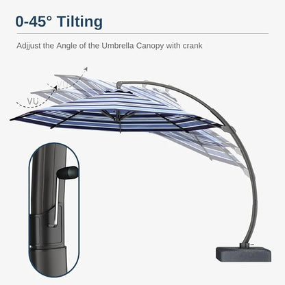 Acrylic Fabric 11FT Cantilever Umbrella with Base Large Curvy Outdoor Aluminum Offset Umbrella w/ 360° Rotation, UV Resistant Canopy for Patio, Garden, Backyard, Blue Stripes