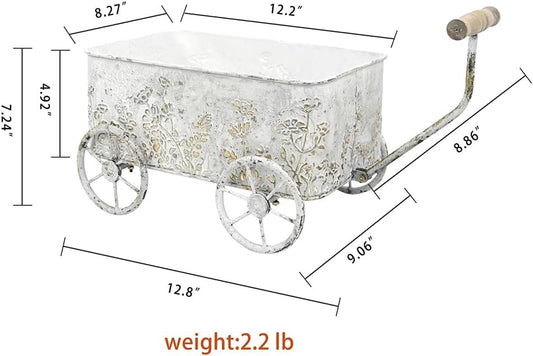 Flower Cart with Wooden Handles, Metal Wagon Planters for Outdoor Plants, Garden Planter with Wagon Wheels, Decorative Wheelbarrow, Plant Cart for Patio Garden Balcony (White)