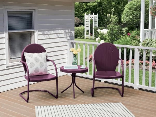 Patio Bistro Set Retro Metal Outdoor Seating Conversation 3 Pieces, 2 C-Spring Motion Armchairs and Round Side Table, for Porch, Lawn, Garden, Purple