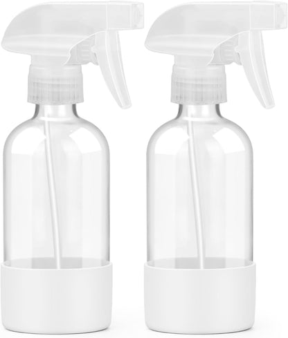 2 Pack Glass Spray Bottles 8 oz, Empty Refillable Containers with Silicone Sleeve Protection, Glass Spray Bottles for Cleaning Solutions, Hair and Plants with Adjustable Nozzles White