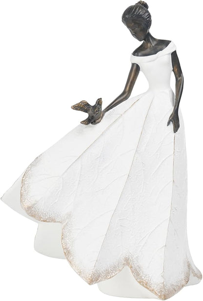 Guichifun Fairy Statue Collection Home Decoration - White Leaf Angel Girls with Bird Resin Home Decor for Outdoor or Indoor Outdoor Yard Decorations Figurines Retirement Gift 8.5 x 5.25 x 12 Inch