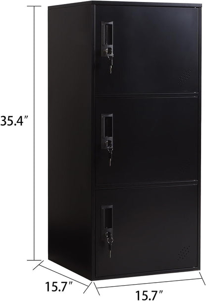 3 Door Metal Vertical Storage Locker for School, Office, Home,Gym,Stackable Steel Storage Cabinet with Lock,Anti-Falling Device. (3 Door, Black)