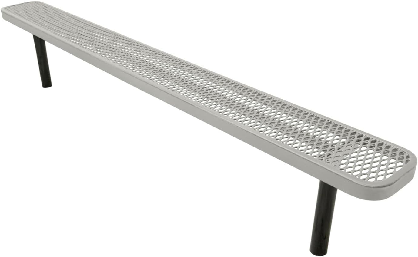 Heavy-Duty Outdoor Bench Thermoplastic Coated, Expanded Metal, Commercial-Grade Seating, Made in America (Inground Without Back, 8 Ft, Textured Grey)