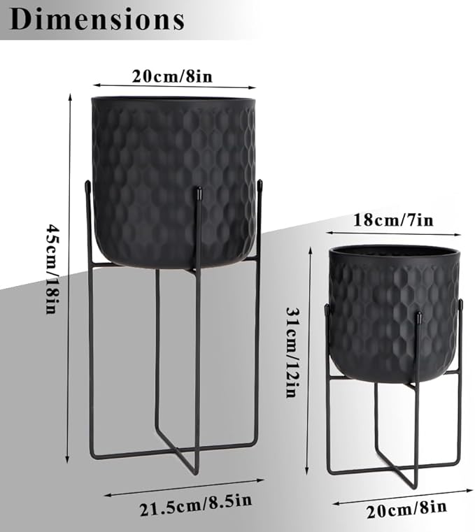TRIROCKS Set of 2 Planters with Stand Indoor Outdoor Metal Plant Stand 8 * 18 &7 * 12 "Modern Planters Flower Pots for Living Room Corner Kitchen Office Garden Balcony Patio Decor(Black)
