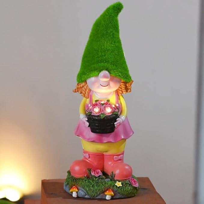 Garden Solar Resin Gnome Girl Statue with Solar Powered Night Light for Porch, Patio and Indoor Decoration