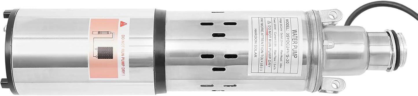 Deep Well Submersible Pump DC 24V 200W Electric Solar Powered Water Pump, 5.3 GPM Flow, 98ft Lift, Farm Ranch Irrigation Submersible Bore Hole Deep Well Pump