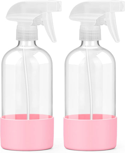 2 Pack Glass Spray Bottles with Silicone Sleeve, 16 oz Empty Refillable Containers with Adjustable Spray Nozzles, Spray Bottles for Hair, Cleaning Solutions and Plants Pink