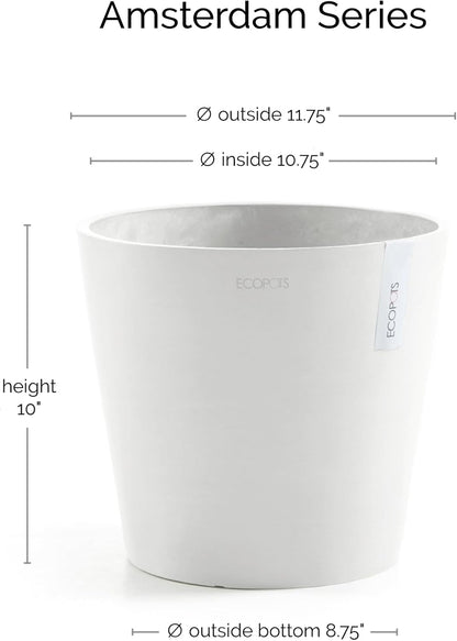 Ecopots Amsterdam Durable Modern Round Indoor/Outdoor Recycled-Based Composite Flower Pot Planter, Pure White, 12"