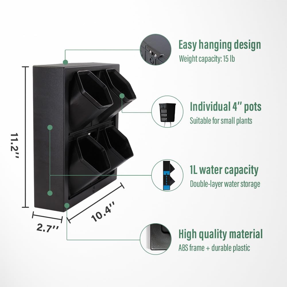 Self Watering Wall Planter with 4 Pots - Easy to Create Indoor Living Wall for Home, Office and Shop Front - Includes Water Gauge (Black)
