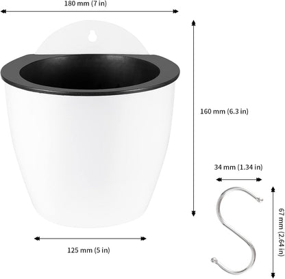 JAPCHET 8 Pack 7 Inch Self Watering Hanging Planters, Wall Hanging Plastic Planter Pot with 8 Hooks, Lazy Flower Pots for Indoor Outdoor Window Wall Plants, White