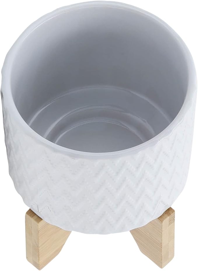 Sagebrook Home Modern Ceramic Planter with Stand - Textured Stoneware Pot with Bamboo Base for Indoor & Outdoor Plants - Decorative Flower Pot for Home & Garden - 8" White