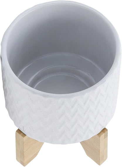 Sagebrook Home Modern Ceramic Planter with Stand - Textured Stoneware Pot with Bamboo Base for Indoor & Outdoor Plants - Decorative Flower Pot for Home & Garden - 8" White