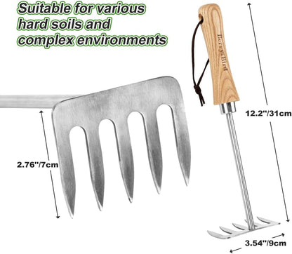 Berry&Bird Premium Hand Rake for Gardening, 5 Tines Hand Tiller Hand Cultivator Small Rake Garden Tool with Wood Handle, Ideal Garden Hand Tools for Digging, Aerating, Weeding and Loosening Soil