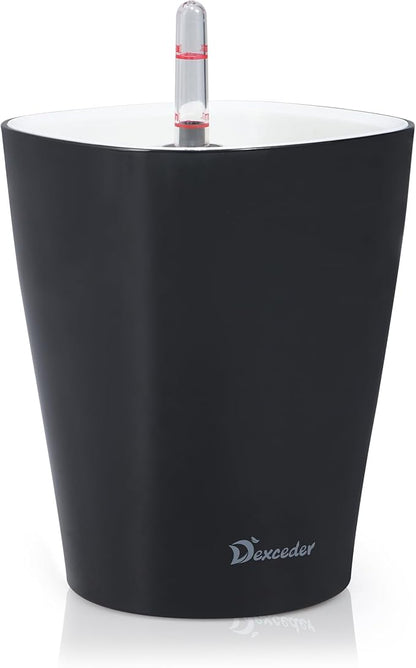 Dexceder 6x7 Self Watering Planter Indoor Outdoor, High Gloss Table Flower Plant Pot with Water Level Indicator (Black)
