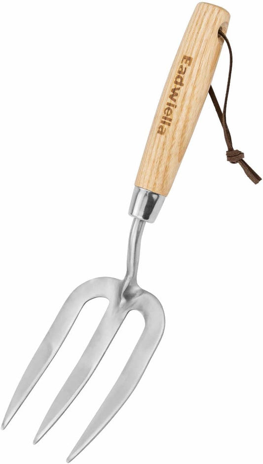 Garden Fork Hand Tool Small Weeding Fork 12 Inch with 3 Pointed Tines Wood Handle for Gardening Weeding Cultivating Digging Planting Transplanting Aerating Loosening Hard Soil Mixing Additives