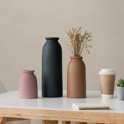 Ceramic Vase Set-3, Small Flower Vases for Decor, Modern Boho Farmhouse Style, Decorative Vases for Pampas Grass & Dried Flowers, Distressed Finish (Light Coffee)