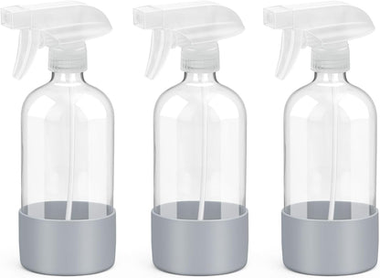 Glass Spray Bottles with Silicone Sleeve Protection, Empty 16 oz Refillable Containers, Reusable Spray Bottles with Adjustable Nozzle for Hair, Cleaning Solutions, 3 Pack Grey