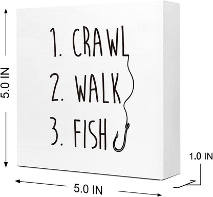 Crawl Walk Fish Rustic Wooden Sign Desk Decor,Funny Baby Fishing Wood Block Sign Desk Decorations for Home Bedroom Baby Room Desk Shelf Table Decor