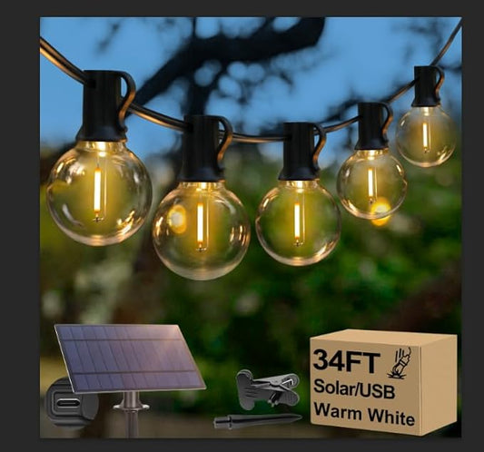 Lakumu 34FT G40 Solar String Lights, Globe Outdoor String Lights with 15 E12 Waterproof LED Bulbs, 2700K Shatterproof Patio Lights, Solar Powered Hanging Lights