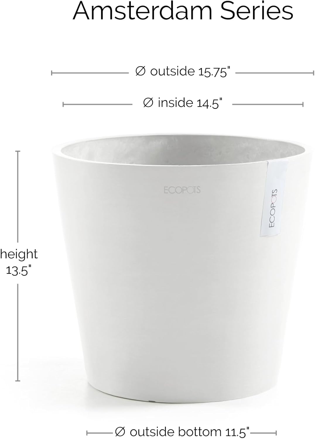 Ecopots Amsterdam Durable Modern Round Indoor/Outdoor Recycled-Based Composite Flower Pot Planter, Pure White, 16"