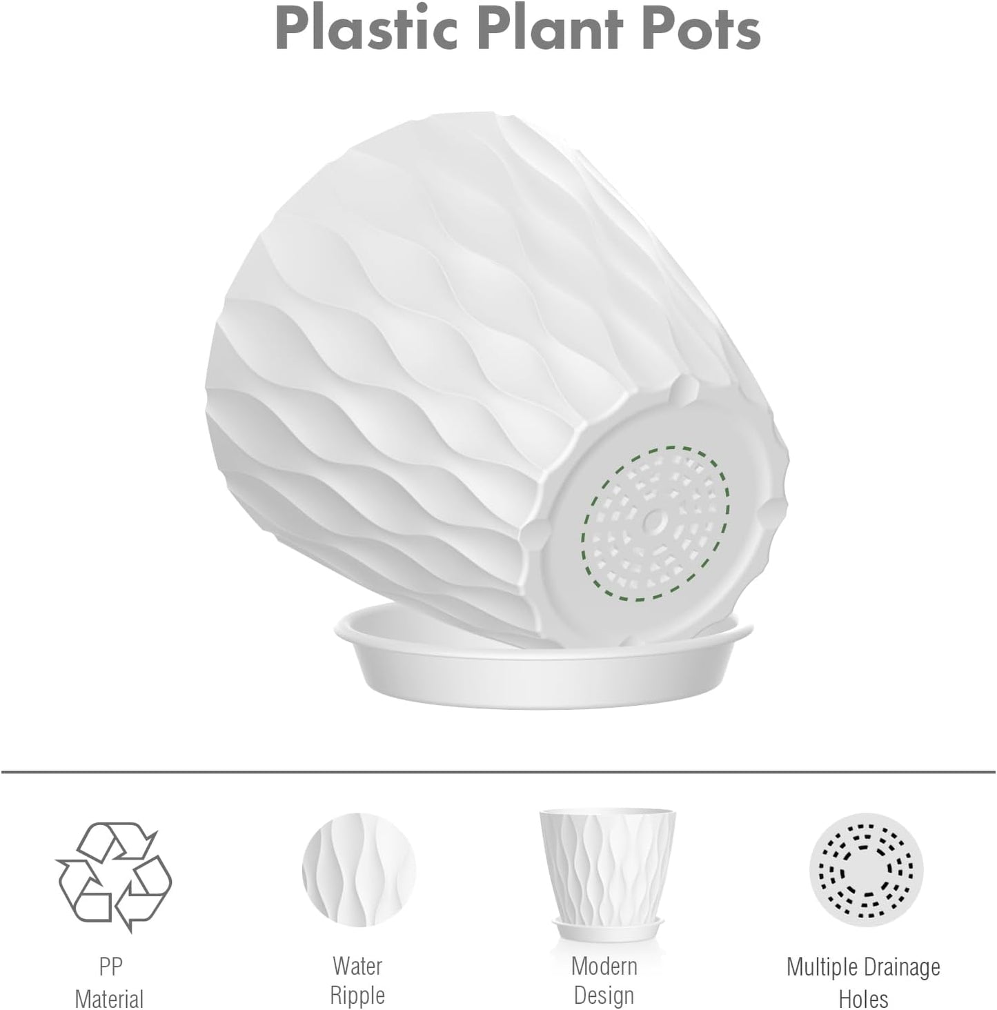 4 inch Small Plastic Nursery Pots, 5 Pack Water Ripples Plant Pots for Indoor Plants, Flower Pots with Drainage Holes and Saucers, Seedling Starter Planters for Succulent Plants, White