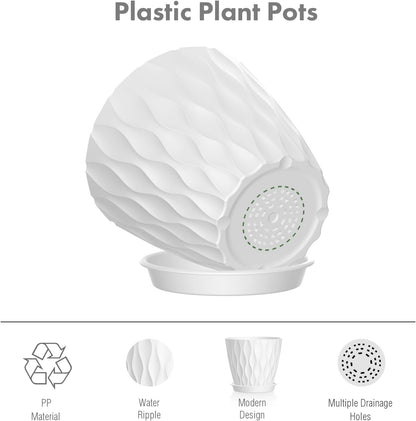 4 inch Small Plastic Nursery Pots, 5 Pack Water Ripples Plant Pots for Indoor Plants, Flower Pots with Drainage Holes and Saucers, Seedling Starter Planters for Succulent Plants, White