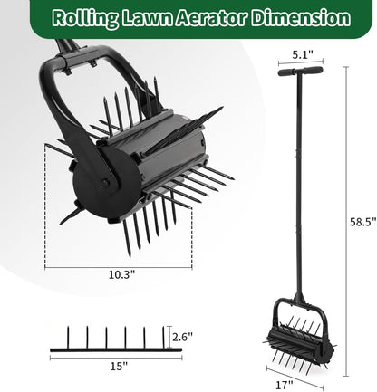 Lawn Aerator, 17'' Grass Rolling Aerators Tool Manual Garden Aerator with Handle Aeration Tool Lawn Steel Nails Aerator Machine with Sandbag, Patio Soil Roller Air Aerator Tool for Yard