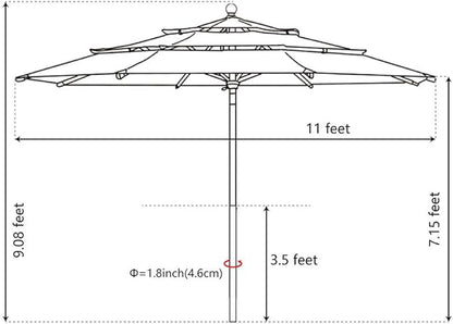 EliteShade USA 10-Year-Non-Fading 11Ft 3 Tiers Market Umbrella Patio Outdoor Cylinder Auto Push-up Table Umbrella with Ventilation, Rust