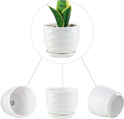 Plant Pots - 4.7 Inch Cylinder Ceramic Planters with Connected Saucer, Pots for Succuelnt and Little Snake Plants, Set of 4, White