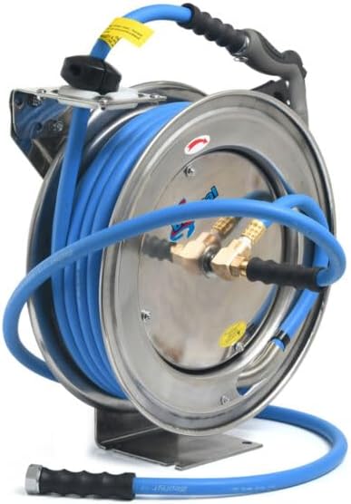 Auto Retractable Water Hose Reel with Hot & Cold Water Rubber Garden Hose, Spray Nozzle - Ultra Light, Super Strong with 6' Lead-in Hose (1/2" x 50' Stainless Steel)