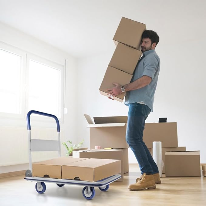 Heavy Duty Foldable Push Cart Dolly | 660 lbs. Capacity | Upgraded Collapsible Hand Truck Folding Platform with Swivel Wheels | Flat Bed Moving Wagon | Space Saving Push Handle (Blue)